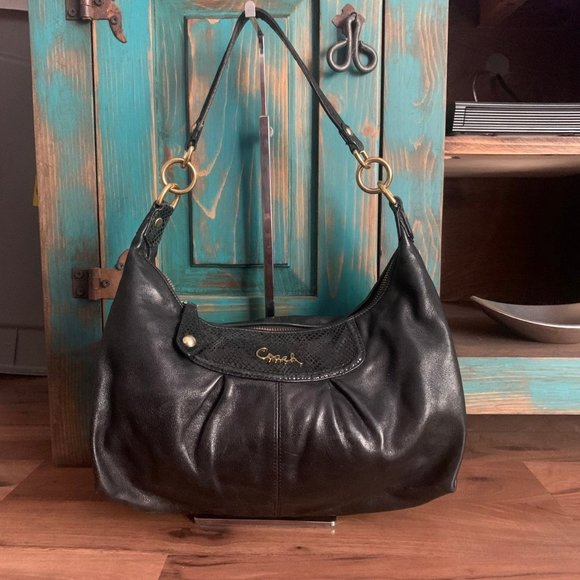 Coach Ashley Black Leather & Python Embossed Bag